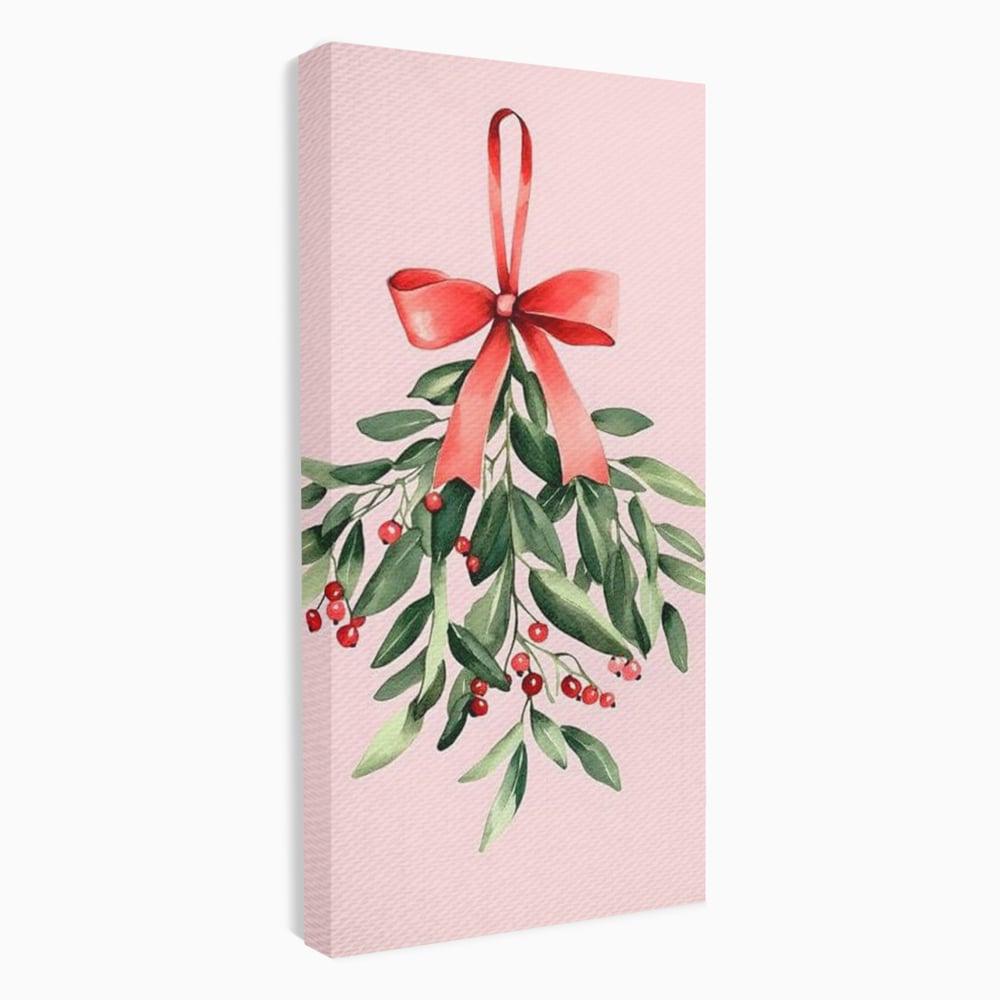 Fotoleinwand Leinwand Premium, LuxCanva® D1082, Zweig mit roter Hülle, Weihnachten, Pflanze, Zweig, Blätter, festlich, elegant, rosa, Winter, Jahreszeit, einfach, grün, grün, Atmosphäre, Kinderzimmer, Wohnen, Schlafzimmer