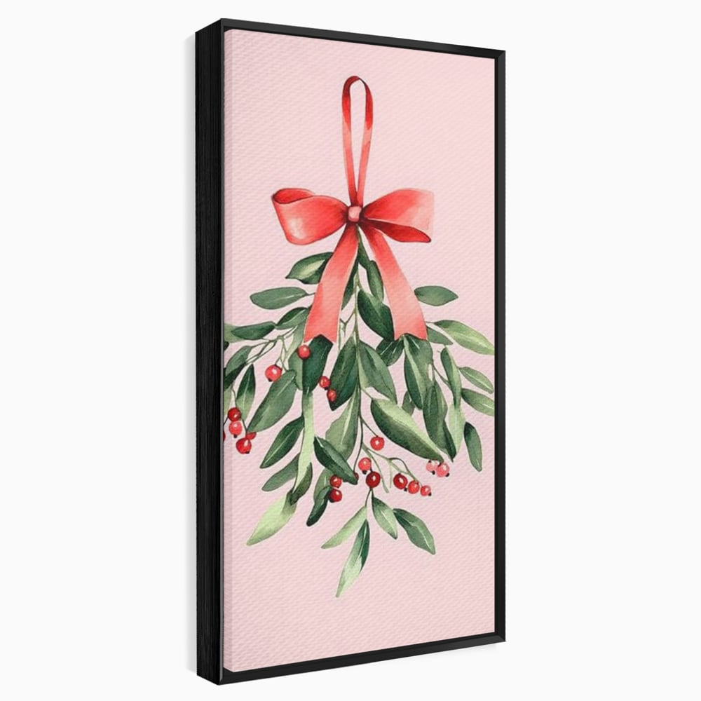Fotoleinwand Leinwand Premium, LuxCanva® D1082, Zweig mit roter Hülle, Weihnachten, Pflanze, Zweig, Blätter, festlich, elegant, rosa, Winter, Jahreszeit, einfach, grün, grün, Atmosphäre, Kinderzimmer, Wohnen, Schlafzimmer