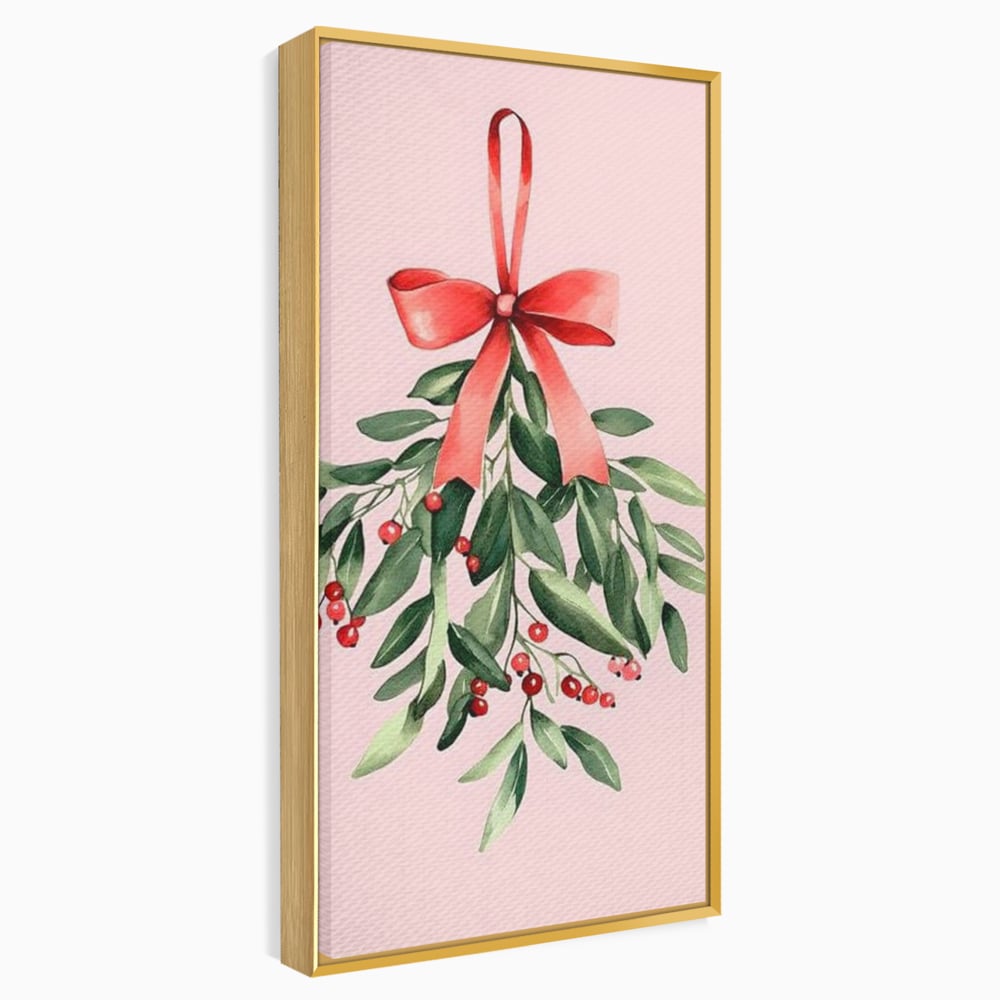 Fotoleinwand Leinwand Premium, LuxCanva® D1082, Zweig mit roter Hülle, Weihnachten, Pflanze, Zweig, Blätter, festlich, elegant, rosa, Winter, Jahreszeit, einfach, grün, grün, Atmosphäre, Kinderzimmer, Wohnen, Schlafzimmer