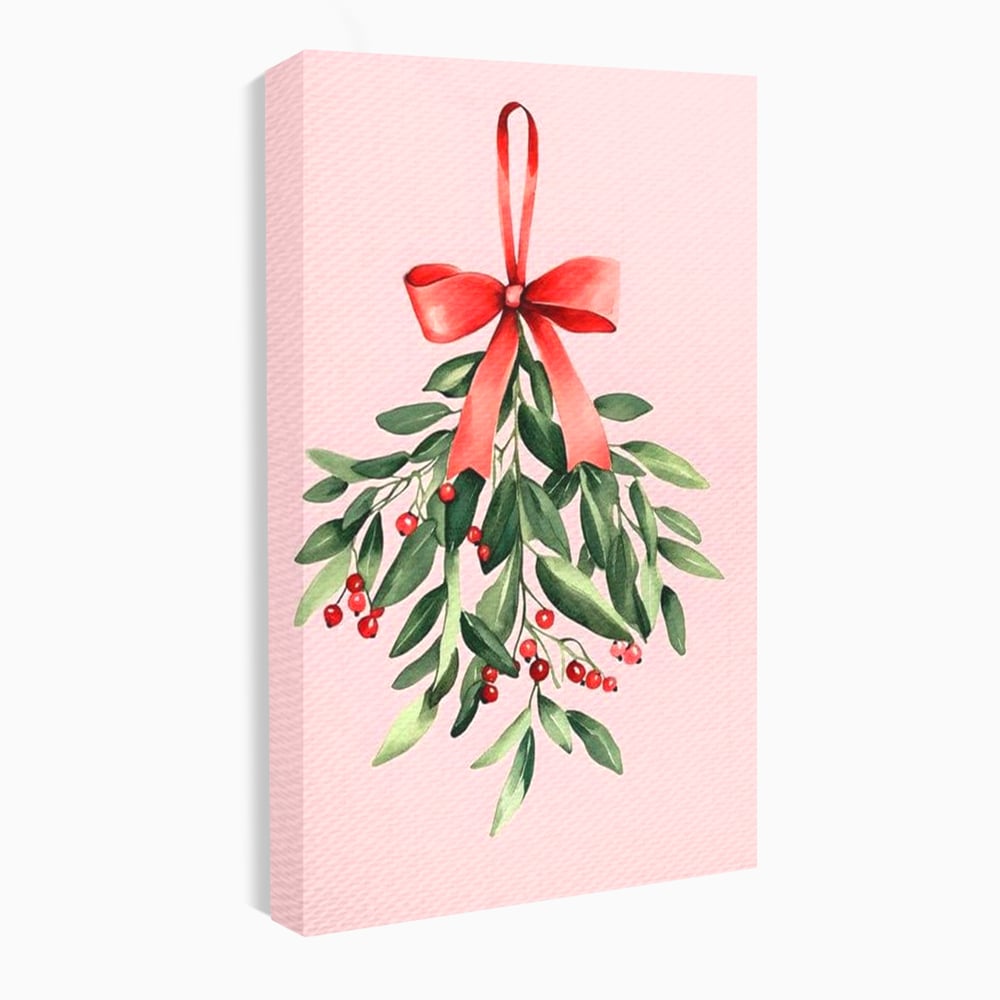 Fotoleinwand Leinwand Premium, LuxCanva® D1082, Zweig mit roter Hülle, Weihnachten, Pflanze, Zweig, Blätter, festlich, elegant, rosa, Winter, Jahreszeit, einfach, grün, grün, Atmosphäre, Kinderzimmer, Wohnen, Schlafzimmer