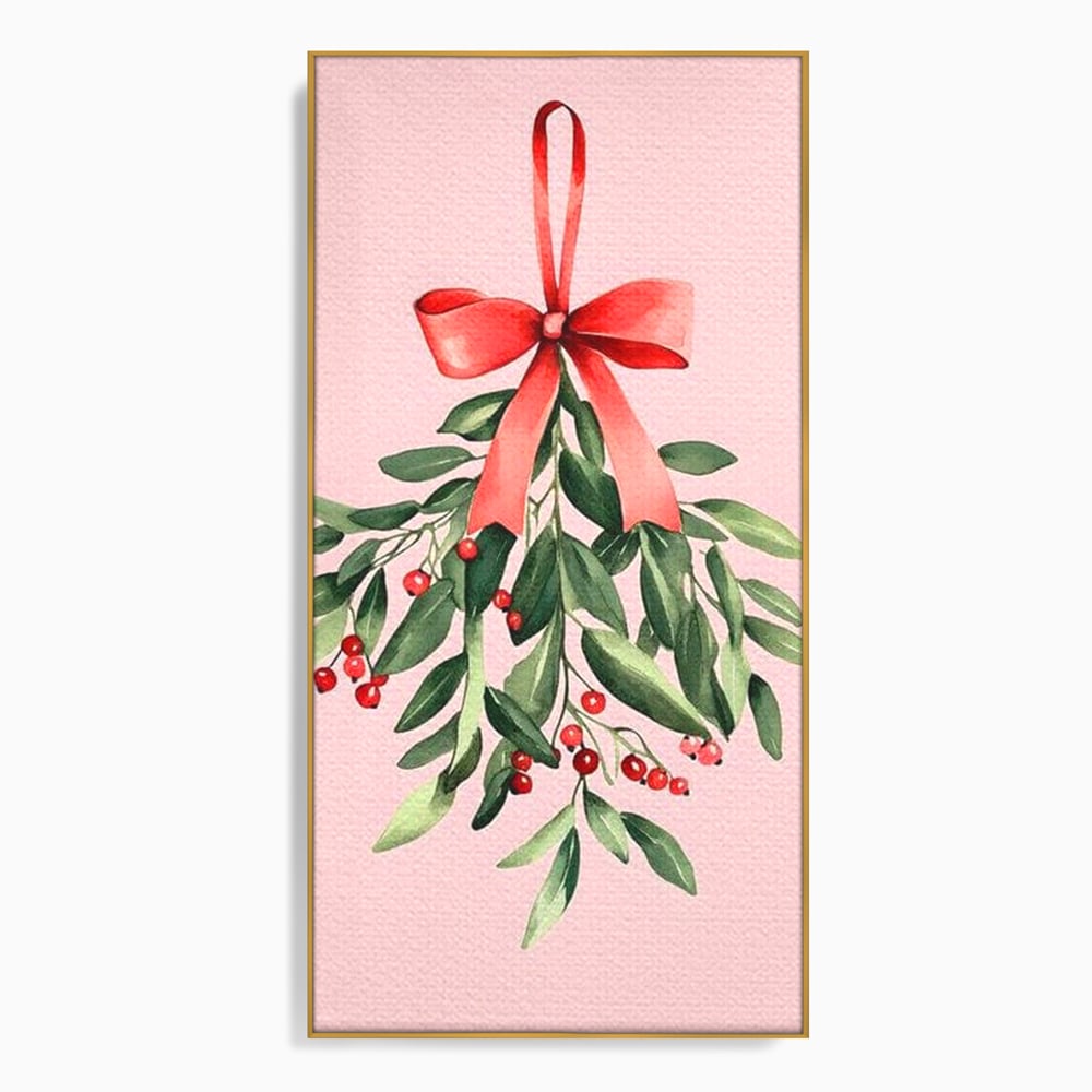 Fotoleinwand Leinwand Premium, LuxCanva® D1082, Zweig mit roter Hülle, Weihnachten, Pflanze, Zweig, Blätter, festlich, elegant, rosa, Winter, Jahreszeit, einfach, grün, grün, Atmosphäre, Kinderzimmer, Wohnen, Schlafzimmer