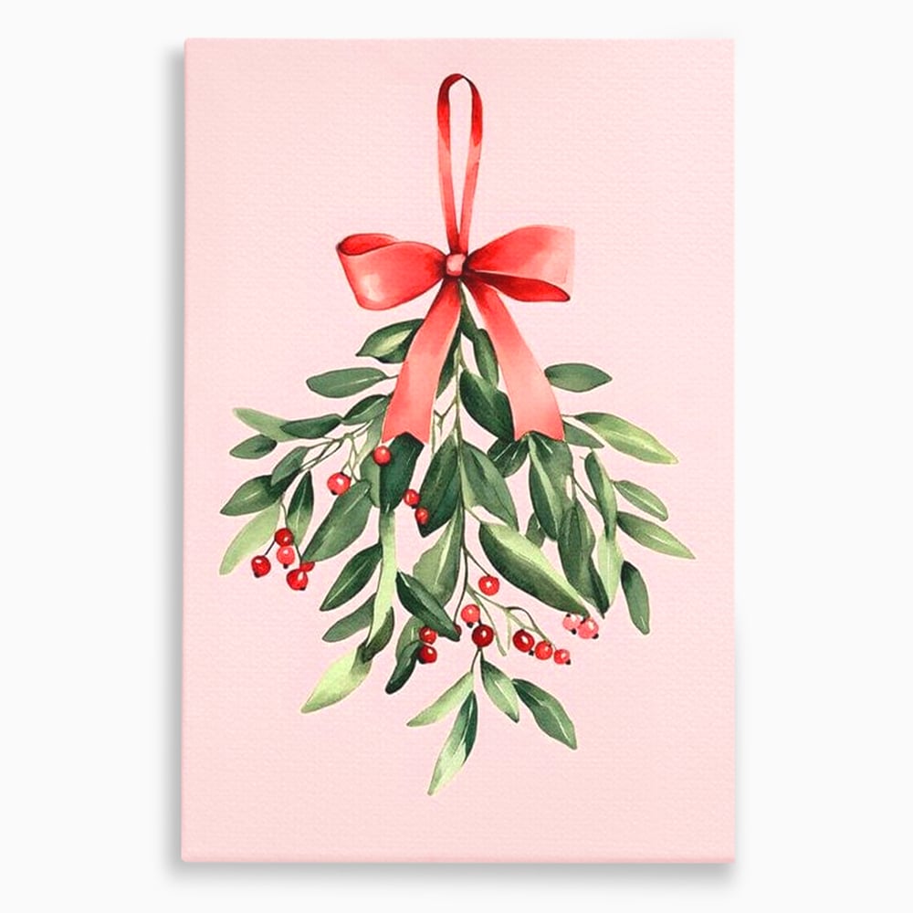 Fotoleinwand Leinwand Premium, LuxCanva® D1082, Zweig mit roter Hülle, Weihnachten, Pflanze, Zweig, Blätter, festlich, elegant, rosa, Winter, Jahreszeit, einfach, grün, grün, Atmosphäre, Kinderzimmer, Wohnen, Schlafzimmer