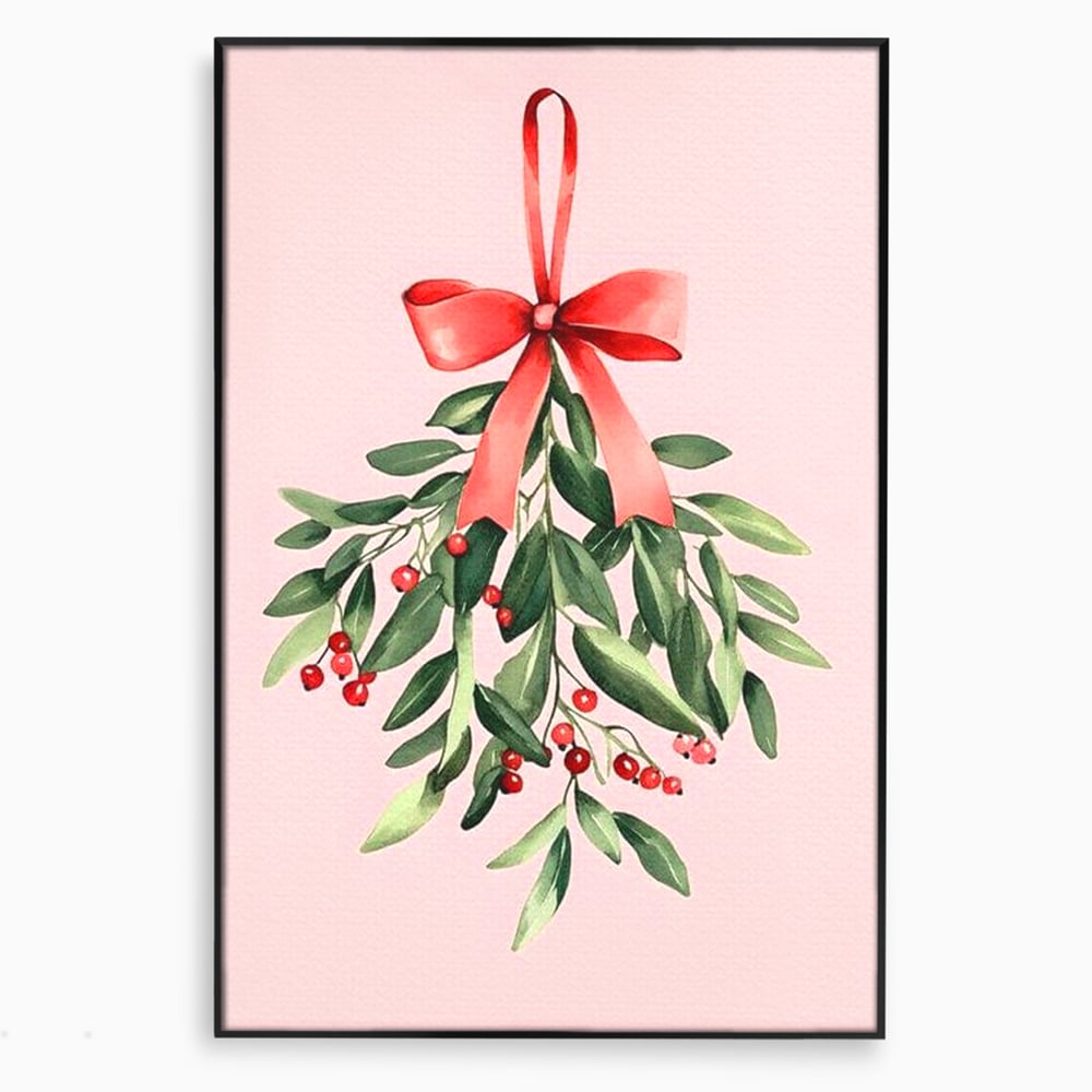 Fotoleinwand Leinwand Premium, LuxCanva® D1082, Zweig mit roter Hülle, Weihnachten, Pflanze, Zweig, Blätter, festlich, elegant, rosa, Winter, Jahreszeit, einfach, grün, grün, Atmosphäre, Kinderzimmer, Wohnen, Schlafzimmer