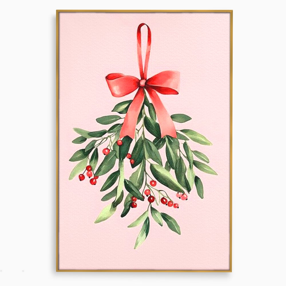 Fotoleinwand Leinwand Premium, LuxCanva® D1082, Zweig mit roter Hülle, Weihnachten, Pflanze, Zweig, Blätter, festlich, elegant, rosa, Winter, Jahreszeit, einfach, grün, grün, Atmosphäre, Kinderzimmer, Wohnen, Schlafzimmer
