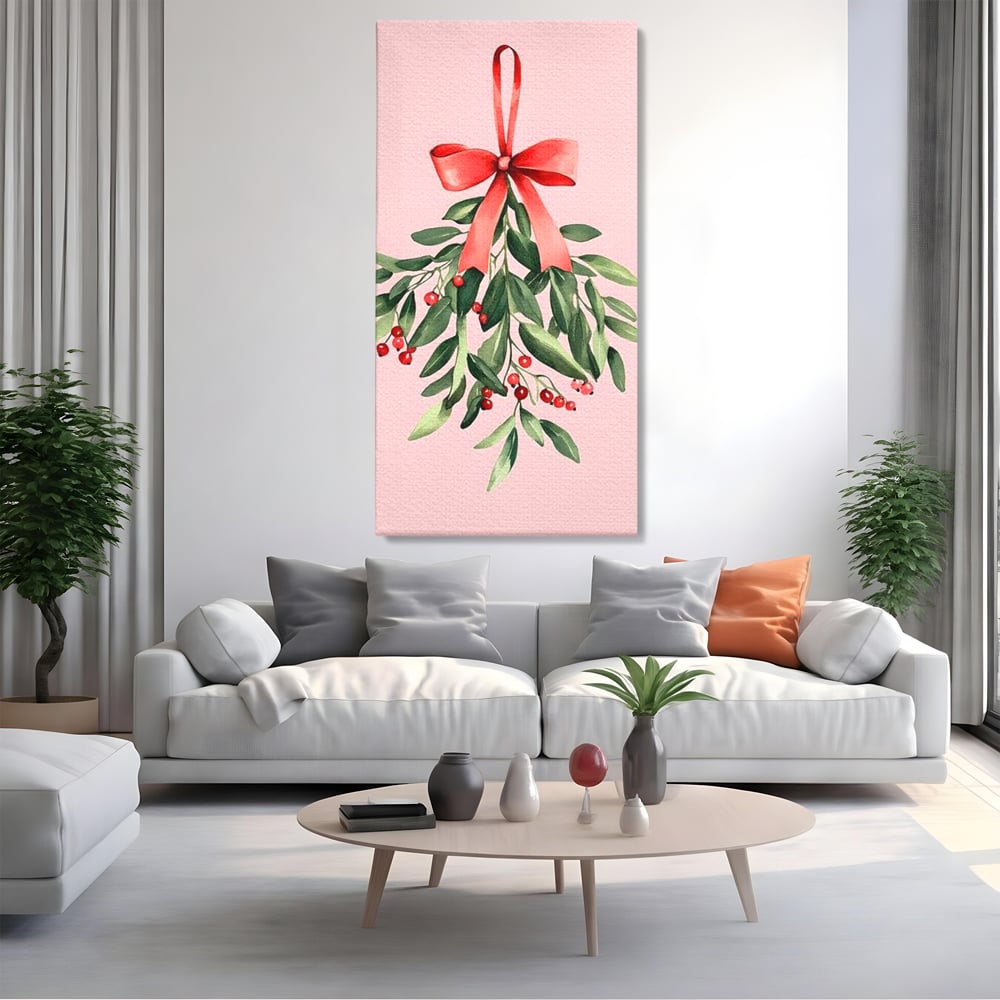 Fotoleinwand Leinwand Premium, LuxCanva® D1082, Zweig mit roter Hülle, Weihnachten, Pflanze, Zweig, Blätter, festlich, elegant, rosa, Winter, Jahreszeit, einfach, grün, grün, Atmosphäre, Kinderzimmer, Wohnen, Schlafzimmer