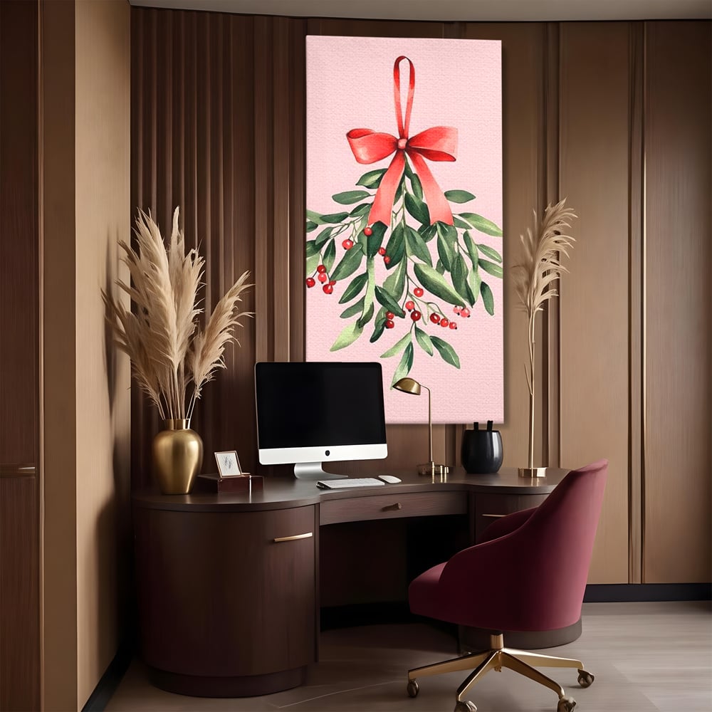 Fotoleinwand Leinwand Premium, LuxCanva® D1082, Zweig mit roter Hülle, Weihnachten, Pflanze, Zweig, Blätter, festlich, elegant, rosa, Winter, Jahreszeit, einfach, grün, grün, Atmosphäre, Kinderzimmer, Wohnen, Schlafzimmer