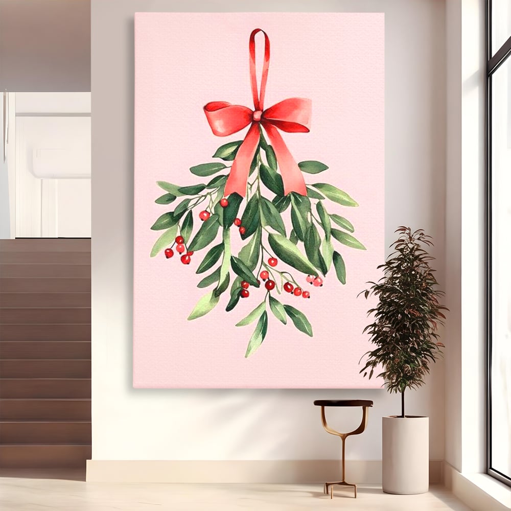 Fotoleinwand Leinwand Premium, LuxCanva® D1082, Zweig mit roter Hülle, Weihnachten, Pflanze, Zweig, Blätter, festlich, elegant, rosa, Winter, Jahreszeit, einfach, grün, grün, Atmosphäre, Kinderzimmer, Wohnen, Schlafzimmer