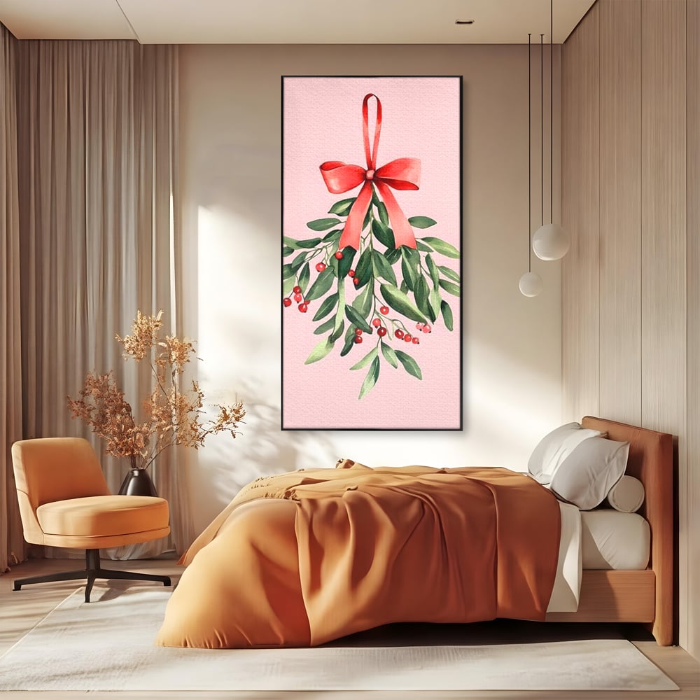 Fotoleinwand Leinwand Premium, LuxCanva® D1082, Zweig mit roter Hülle, Weihnachten, Pflanze, Zweig, Blätter, festlich, elegant, rosa, Winter, Jahreszeit, einfach, grün, grün, Atmosphäre, Kinderzimmer, Wohnen, Schlafzimmer