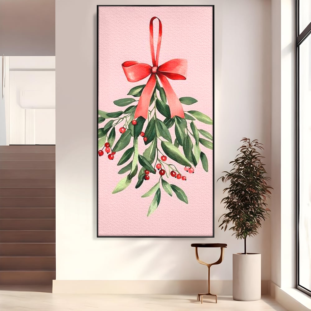 Fotoleinwand Leinwand Premium, LuxCanva® D1082, Zweig mit roter Hülle, Weihnachten, Pflanze, Zweig, Blätter, festlich, elegant, rosa, Winter, Jahreszeit, einfach, grün, grün, Atmosphäre, Kinderzimmer, Wohnen, Schlafzimmer