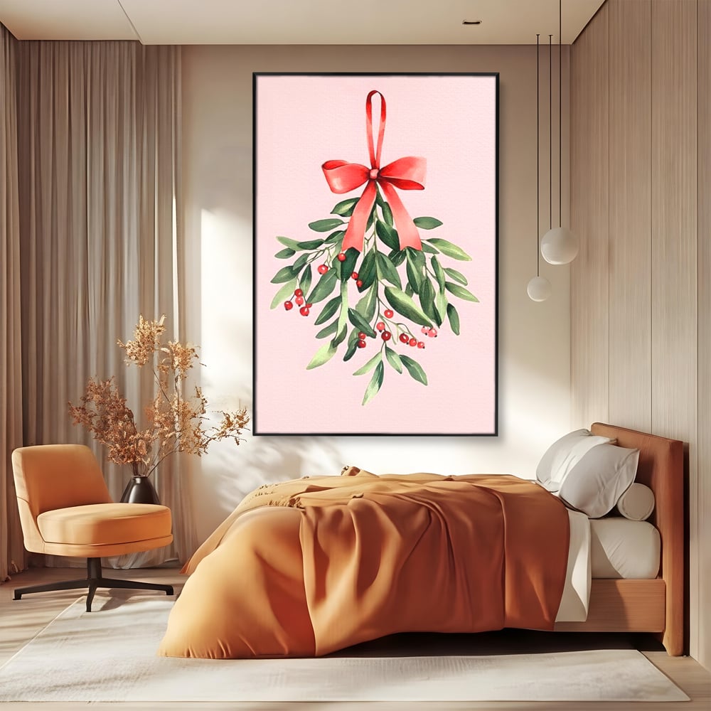 Fotoleinwand Leinwand Premium, LuxCanva® D1082, Zweig mit roter Hülle, Weihnachten, Pflanze, Zweig, Blätter, festlich, elegant, rosa, Winter, Jahreszeit, einfach, grün, grün, Atmosphäre, Kinderzimmer, Wohnen, Schlafzimmer