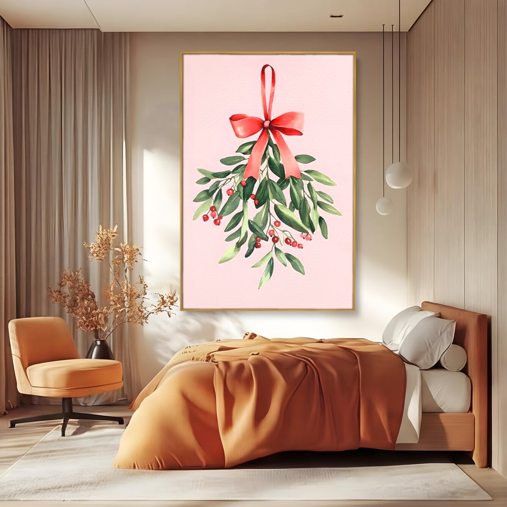 Fotoleinwand Leinwand Premium, LuxCanva® D1082, Zweig mit roter Hülle, Weihnachten, Pflanze, Zweig, Blätter, festlich, elegant, rosa, Winter, Jahreszeit, einfach, grün, grün, Atmosphäre, Kinderzimmer, Wohnen, Schlafzimmer