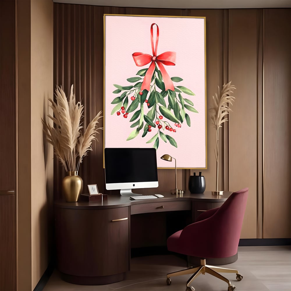 Fotoleinwand Leinwand Premium, LuxCanva® D1082, Zweig mit roter Hülle, Weihnachten, Pflanze, Zweig, Blätter, festlich, elegant, rosa, Winter, Jahreszeit, einfach, grün, grün, Atmosphäre, Kinderzimmer, Wohnen, Schlafzimmer