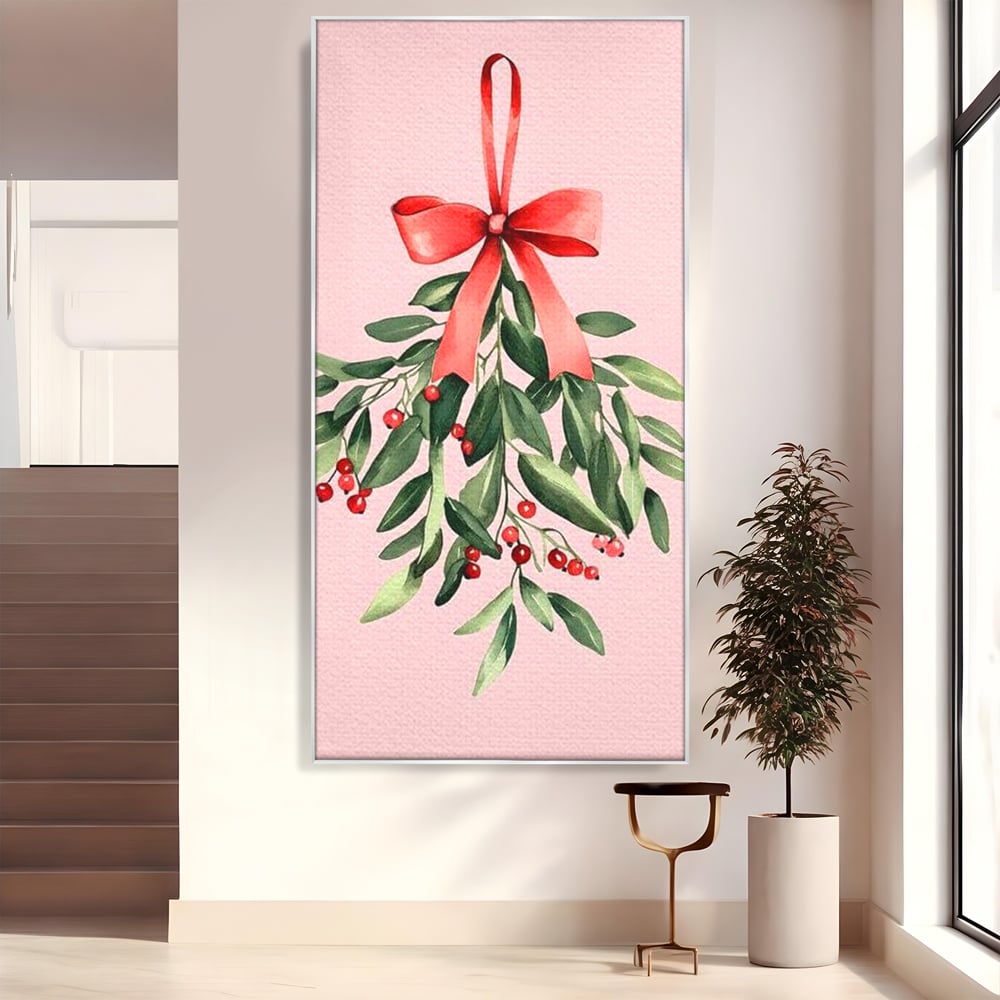 Fotoleinwand Leinwand Premium, LuxCanva® D1082, Zweig mit roter Hülle, Weihnachten, Pflanze, Zweig, Blätter, festlich, elegant, rosa, Winter, Jahreszeit, einfach, grün, grün, Atmosphäre, Kinderzimmer, Wohnen, Schlafzimmer