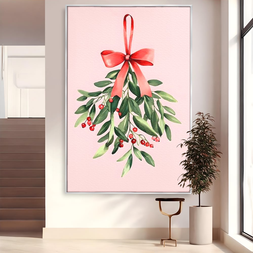 Fotoleinwand Leinwand Premium, LuxCanva® D1082, Zweig mit roter Hülle, Weihnachten, Pflanze, Zweig, Blätter, festlich, elegant, rosa, Winter, Jahreszeit, einfach, grün, grün, Atmosphäre, Kinderzimmer, Wohnen, Schlafzimmer
