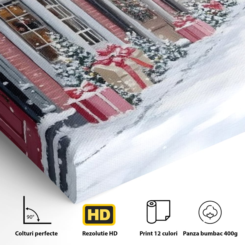 Tablou Canvas Premium, LuxCanva® D1083, Craciun Urban, Strada, Daruri, Zapada, Case, Iarna, Lumini, Impodobite, Poveste, Ajun, Plimbare, Feeric, Magie, Coronite, Vis, Oras, Camera Copil, Living, Dormitor