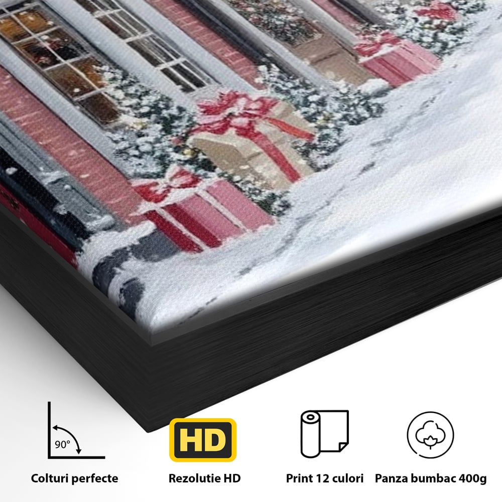 Tablou Canvas Premium, LuxCanva® D1083, Craciun Urban, Strada, Daruri, Zapada, Case, Iarna, Lumini, Impodobite, Poveste, Ajun, Plimbare, Feeric, Magie, Coronite, Vis, Oras, Camera Copil, Living, Dormitor