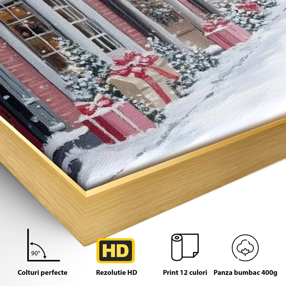 Tablou Canvas Premium, LuxCanva® D1083, Craciun Urban, Strada, Daruri, Zapada, Case, Iarna, Lumini, Impodobite, Poveste, Ajun, Plimbare, Feeric, Magie, Coronite, Vis, Oras, Camera Copil, Living, Dormitor