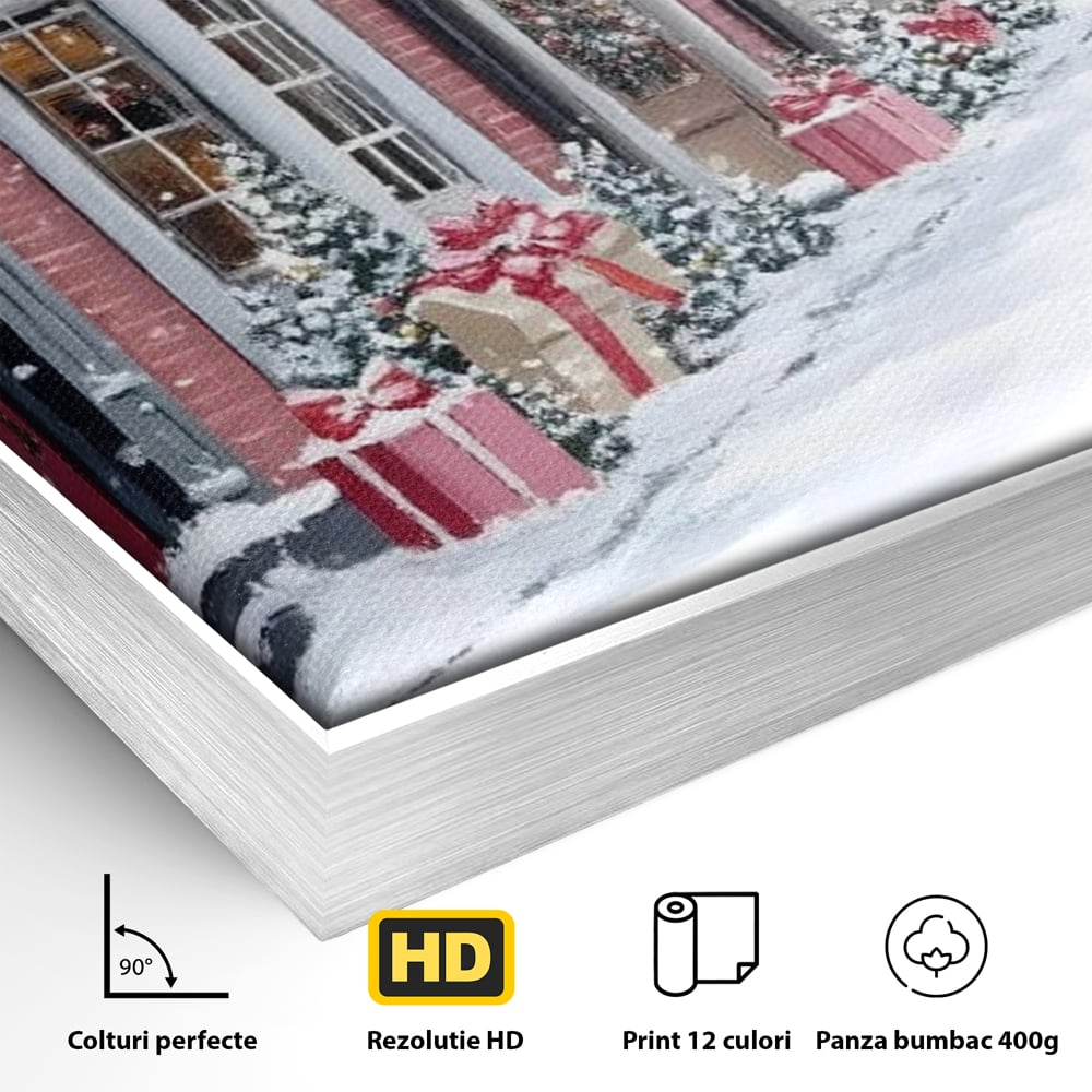 Tablou Canvas Premium, LuxCanva® D1083, Craciun Urban, Strada, Daruri, Zapada, Case, Iarna, Lumini, Impodobite, Poveste, Ajun, Plimbare, Feeric, Magie, Coronite, Vis, Oras, Camera Copil, Living, Dormitor