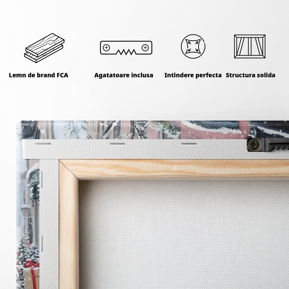 Tablou Canvas Premium, LuxCanva® D1083, Craciun Urban, Strada, Daruri, Zapada, Case, Iarna, Lumini, Impodobite, Poveste, Ajun, Plimbare, Feeric, Magie, Coronite, Vis, Oras, Camera Copil, Living, Dormitor