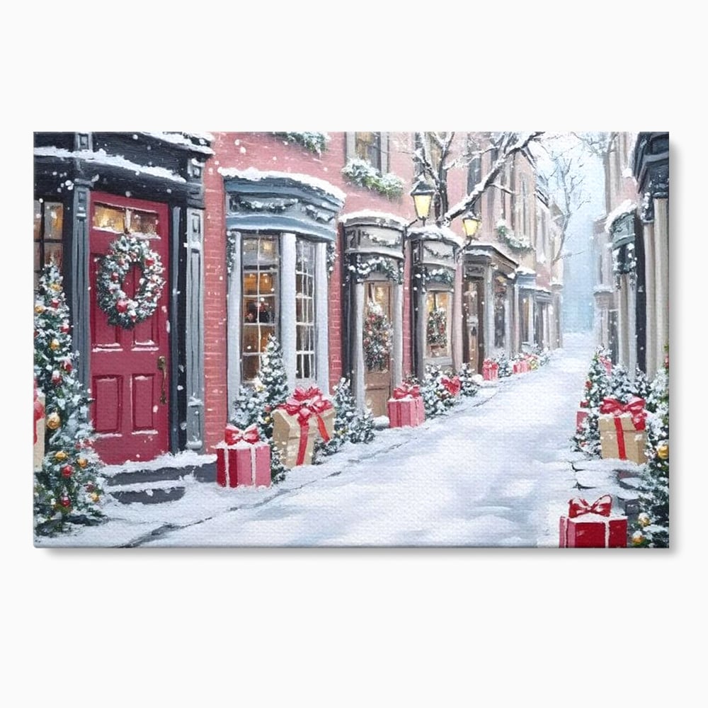 Tablou Canvas Premium, LuxCanva® D1083, Craciun Urban, Strada, Daruri, Zapada, Case, Iarna, Lumini, Impodobite, Poveste, Ajun, Plimbare, Feeric, Magie, Coronite, Vis, Oras, Camera Copil, Living, Dormitor