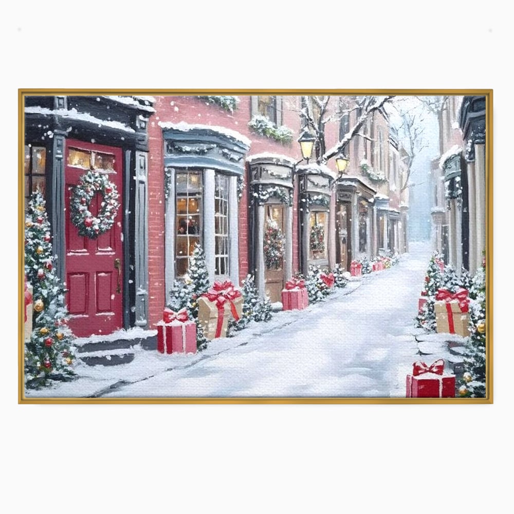Tablou Canvas Premium, LuxCanva® D1083, Craciun Urban, Strada, Daruri, Zapada, Case, Iarna, Lumini, Impodobite, Poveste, Ajun, Plimbare, Feeric, Magie, Coronite, Vis, Oras, Camera Copil, Living, Dormitor