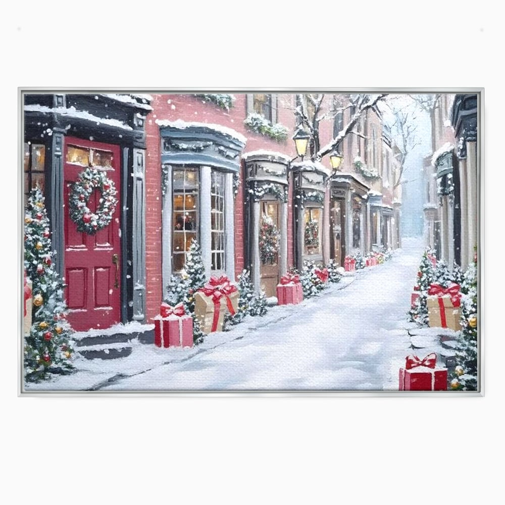 Tablou Canvas Premium, LuxCanva® D1083, Craciun Urban, Strada, Daruri, Zapada, Case, Iarna, Lumini, Impodobite, Poveste, Ajun, Plimbare, Feeric, Magie, Coronite, Vis, Oras, Camera Copil, Living, Dormitor