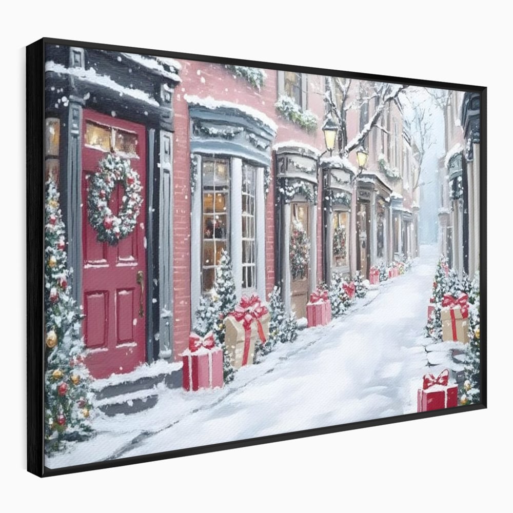Tablou Canvas Premium, LuxCanva® D1083, Craciun Urban, Strada, Daruri, Zapada, Case, Iarna, Lumini, Impodobite, Poveste, Ajun, Plimbare, Feeric, Magie, Coronite, Vis, Oras, Camera Copil, Living, Dormitor