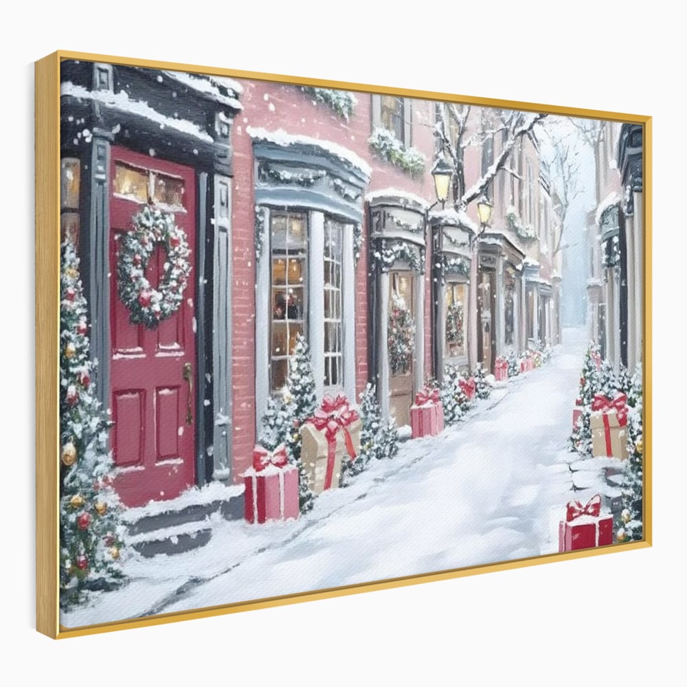Tablou Canvas Premium, LuxCanva® D1083, Craciun Urban, Strada, Daruri, Zapada, Case, Iarna, Lumini, Impodobite, Poveste, Ajun, Plimbare, Feeric, Magie, Coronite, Vis, Oras, Camera Copil, Living, Dormitor