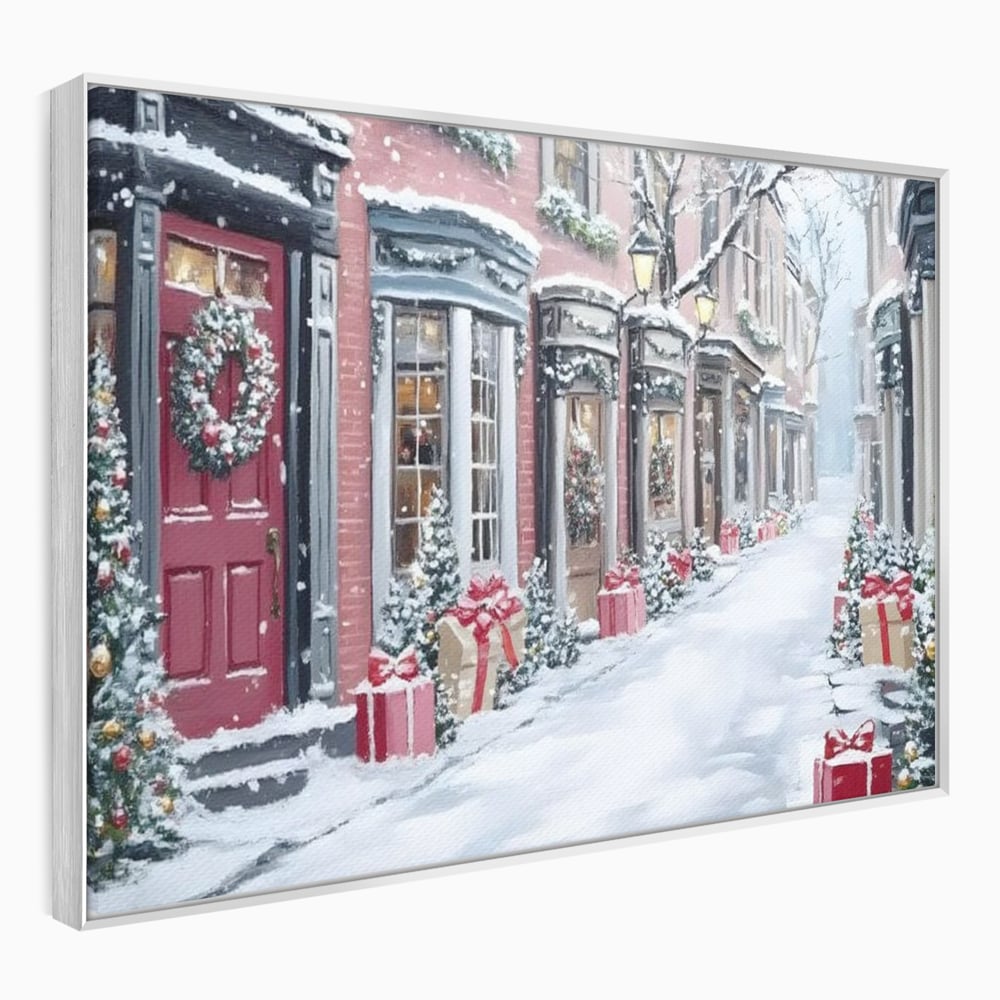Tablou Canvas Premium, LuxCanva® D1083, Craciun Urban, Strada, Daruri, Zapada, Case, Iarna, Lumini, Impodobite, Poveste, Ajun, Plimbare, Feeric, Magie, Coronite, Vis, Oras, Camera Copil, Living, Dormitor