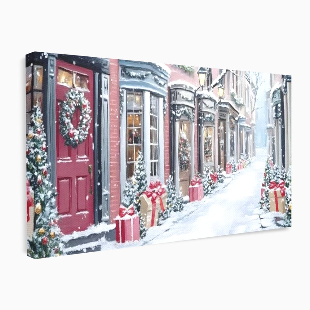 Tablou Canvas Premium, LuxCanva® D1083, Craciun Urban, Strada, Daruri, Zapada, Case, Iarna, Lumini, Impodobite, Poveste, Ajun, Plimbare, Feeric, Magie, Coronite, Vis, Oras, Camera Copil, Living, Dormitor