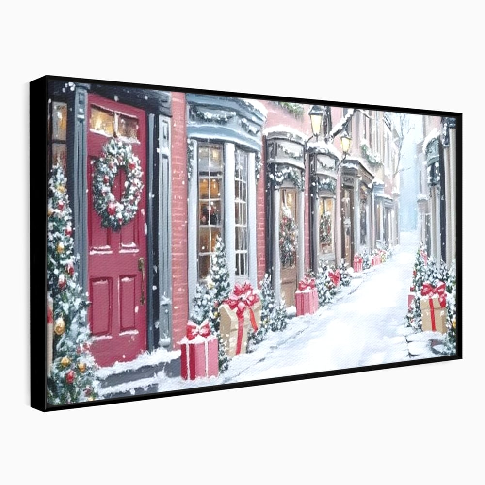 Tablou Canvas Premium, LuxCanva® D1083, Craciun Urban, Strada, Daruri, Zapada, Case, Iarna, Lumini, Impodobite, Poveste, Ajun, Plimbare, Feeric, Magie, Coronite, Vis, Oras, Camera Copil, Living, Dormitor