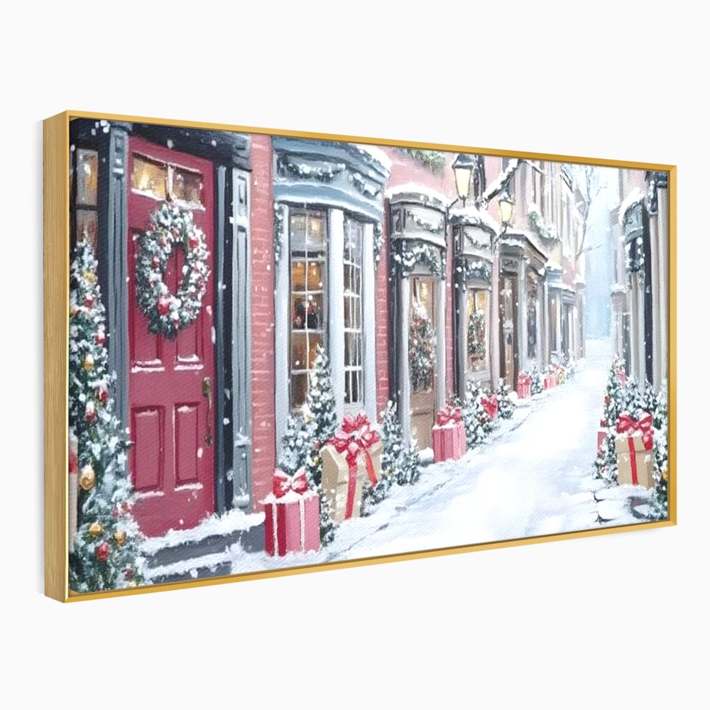 Tablou Canvas Premium, LuxCanva® D1083, Craciun Urban, Strada, Daruri, Zapada, Case, Iarna, Lumini, Impodobite, Poveste, Ajun, Plimbare, Feeric, Magie, Coronite, Vis, Oras, Camera Copil, Living, Dormitor