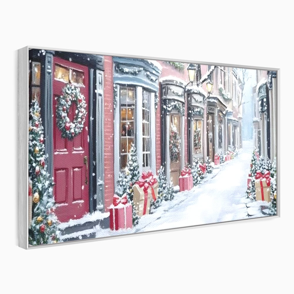Tablou Canvas Premium, LuxCanva® D1083, Craciun Urban, Strada, Daruri, Zapada, Case, Iarna, Lumini, Impodobite, Poveste, Ajun, Plimbare, Feeric, Magie, Coronite, Vis, Oras, Camera Copil, Living, Dormitor