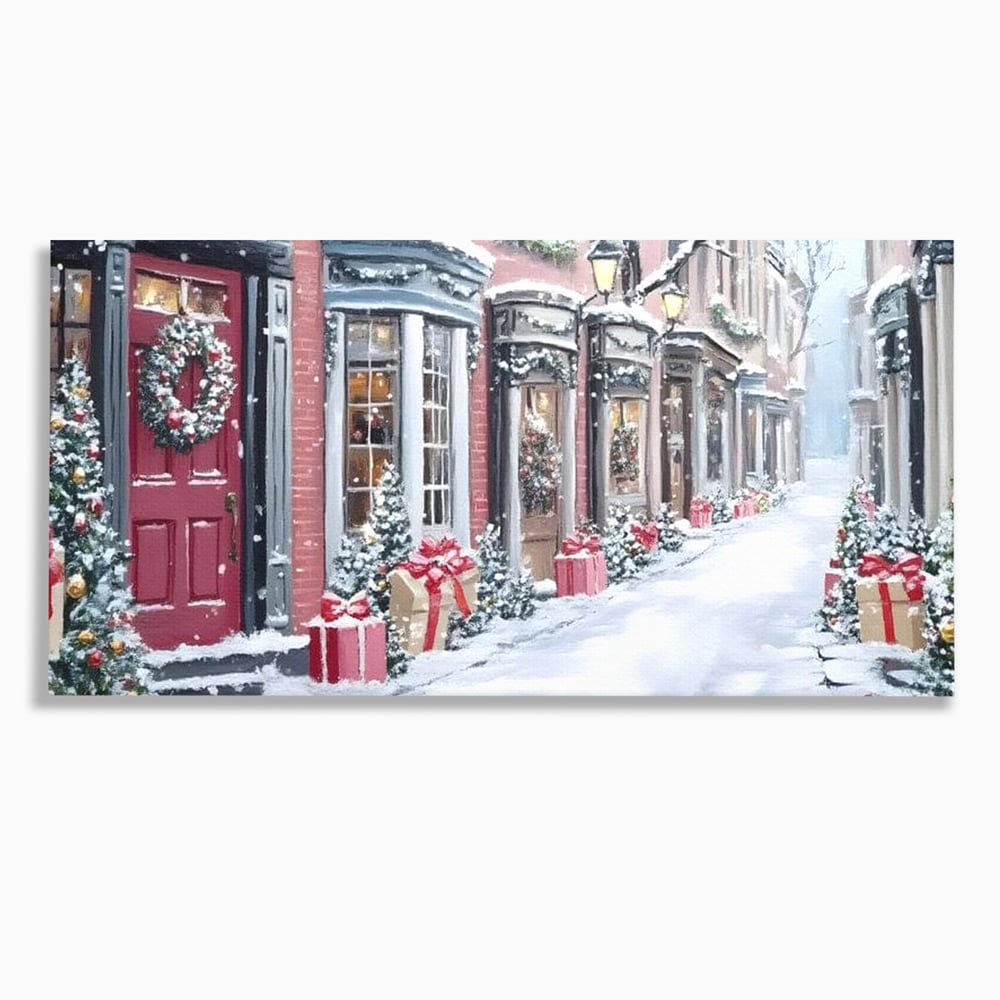 Tablou Canvas Premium, LuxCanva® D1083, Craciun Urban, Strada, Daruri, Zapada, Case, Iarna, Lumini, Impodobite, Poveste, Ajun, Plimbare, Feeric, Magie, Coronite, Vis, Oras, Camera Copil, Living, Dormitor