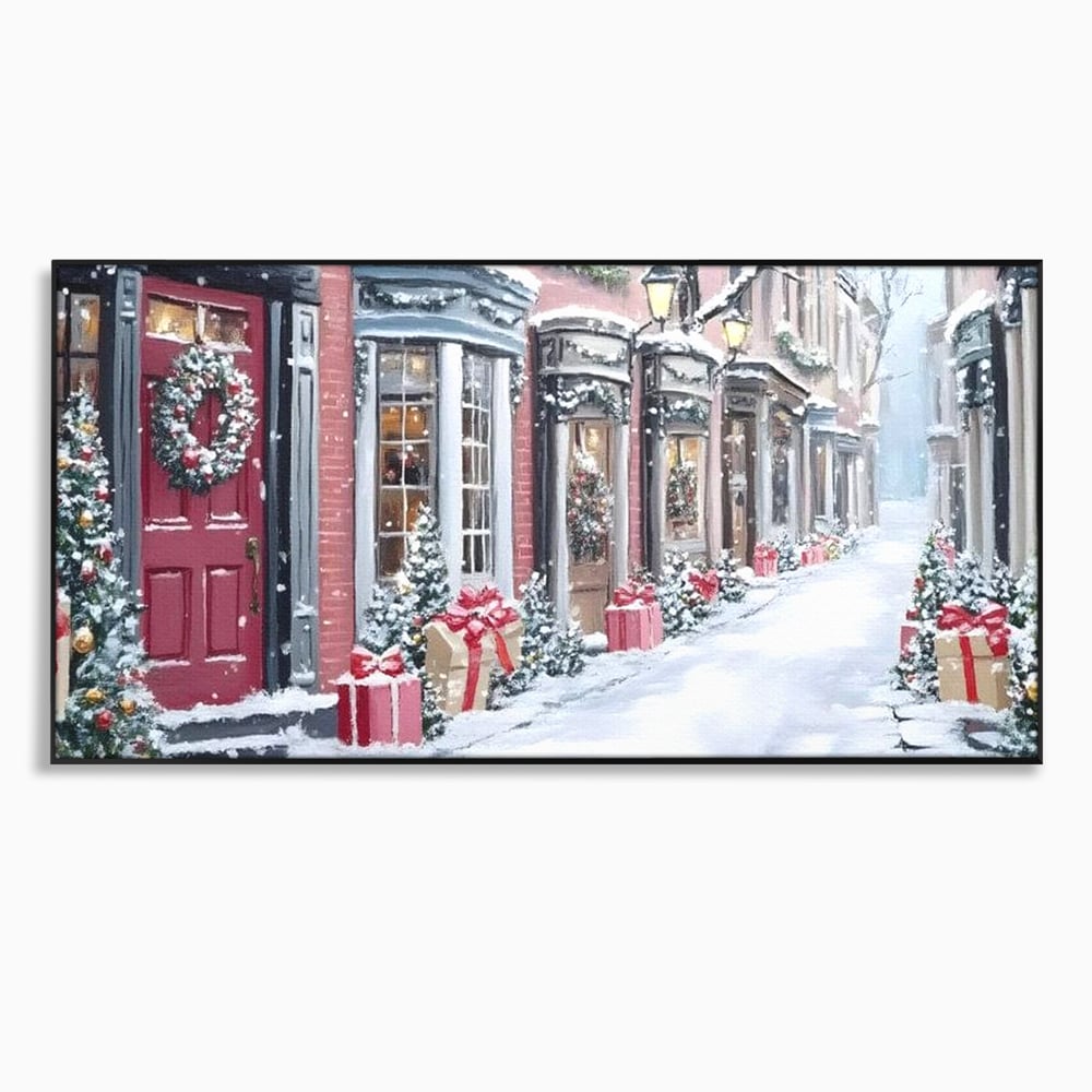Tablou Canvas Premium, LuxCanva® D1083, Craciun Urban, Strada, Daruri, Zapada, Case, Iarna, Lumini, Impodobite, Poveste, Ajun, Plimbare, Feeric, Magie, Coronite, Vis, Oras, Camera Copil, Living, Dormitor