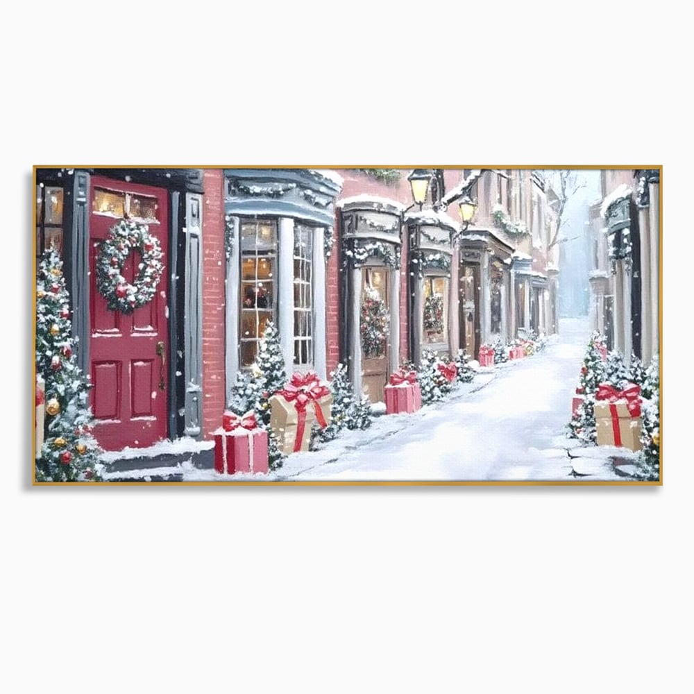Tablou Canvas Premium, LuxCanva® D1083, Craciun Urban, Strada, Daruri, Zapada, Case, Iarna, Lumini, Impodobite, Poveste, Ajun, Plimbare, Feeric, Magie, Coronite, Vis, Oras, Camera Copil, Living, Dormitor