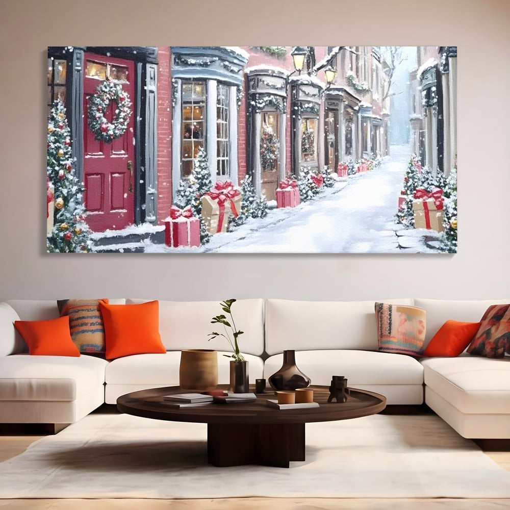 Tablou Canvas Premium, LuxCanva® D1083, Craciun Urban, Strada, Daruri, Zapada, Case, Iarna, Lumini, Impodobite, Poveste, Ajun, Plimbare, Feeric, Magie, Coronite, Vis, Oras, Camera Copil, Living, Dormitor