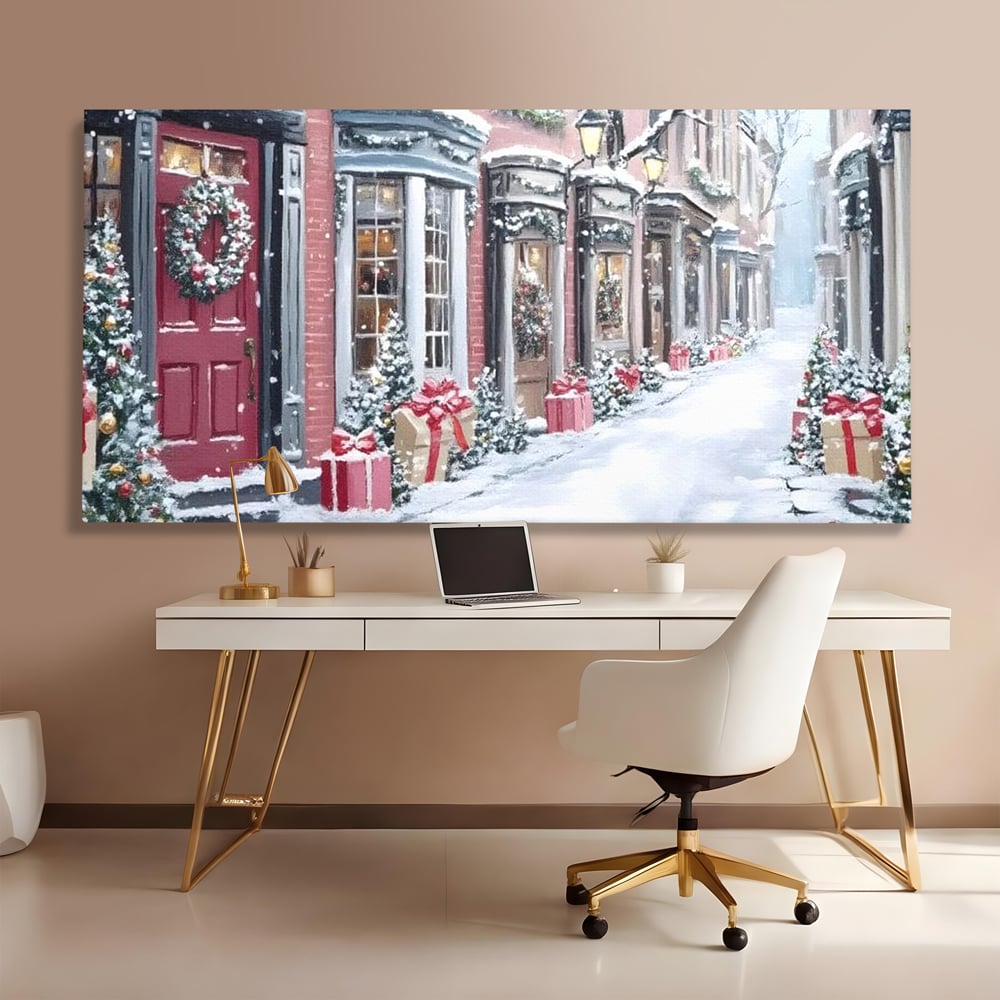 Tablou Canvas Premium, LuxCanva® D1083, Craciun Urban, Strada, Daruri, Zapada, Case, Iarna, Lumini, Impodobite, Poveste, Ajun, Plimbare, Feeric, Magie, Coronite, Vis, Oras, Camera Copil, Living, Dormitor