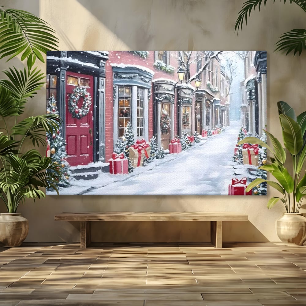 Tablou Canvas Premium, LuxCanva® D1083, Craciun Urban, Strada, Daruri, Zapada, Case, Iarna, Lumini, Impodobite, Poveste, Ajun, Plimbare, Feeric, Magie, Coronite, Vis, Oras, Camera Copil, Living, Dormitor