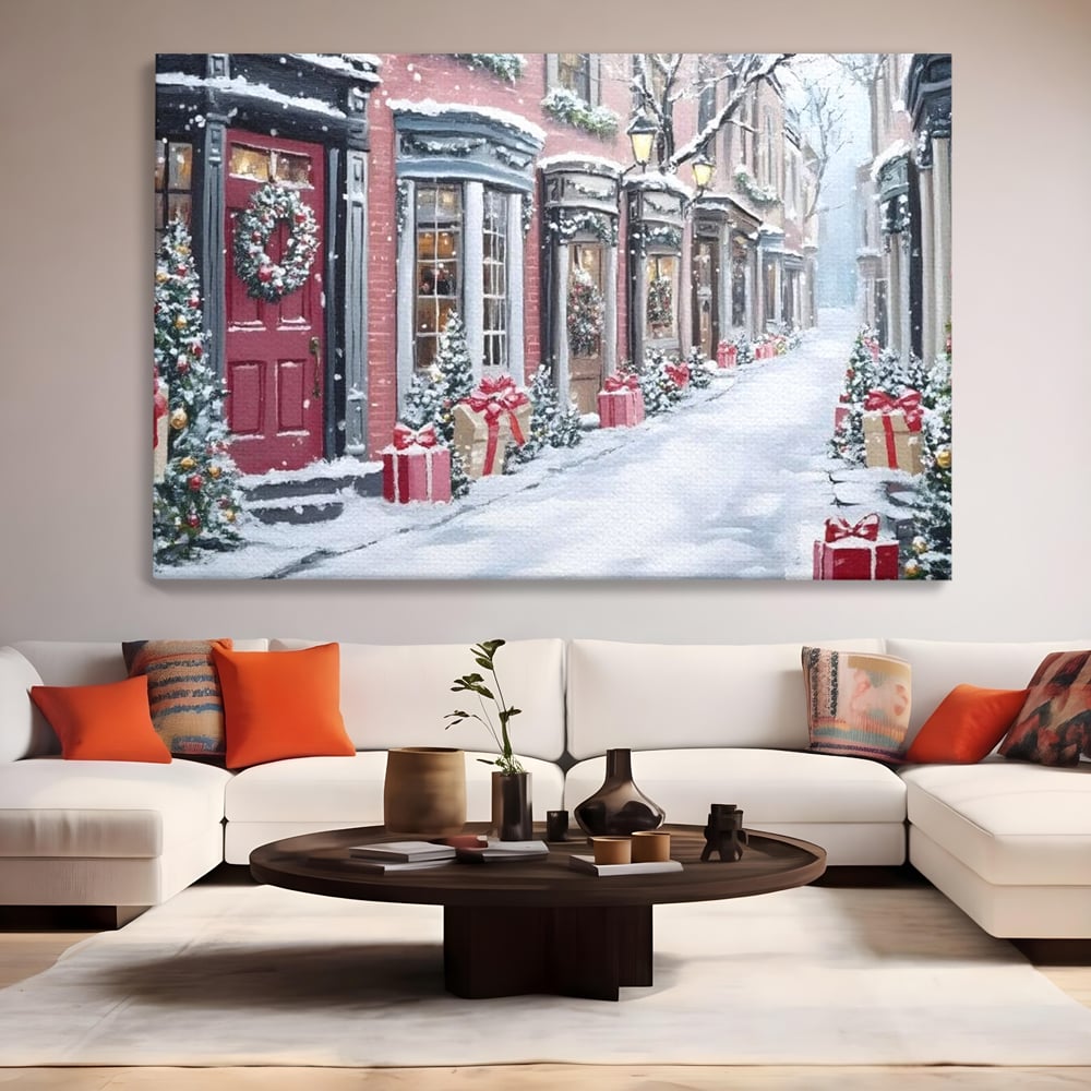 Tablou Canvas Premium, LuxCanva® D1083, Craciun Urban, Strada, Daruri, Zapada, Case, Iarna, Lumini, Impodobite, Poveste, Ajun, Plimbare, Feeric, Magie, Coronite, Vis, Oras, Camera Copil, Living, Dormitor