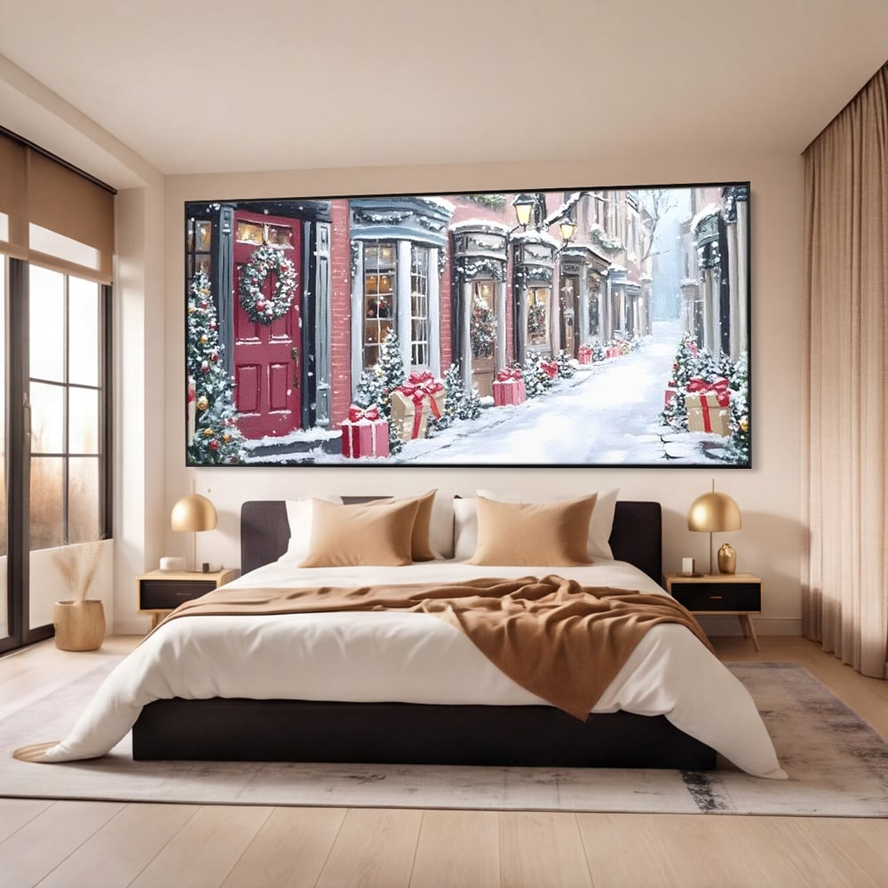 Tablou Canvas Premium, LuxCanva® D1083, Craciun Urban, Strada, Daruri, Zapada, Case, Iarna, Lumini, Impodobite, Poveste, Ajun, Plimbare, Feeric, Magie, Coronite, Vis, Oras, Camera Copil, Living, Dormitor