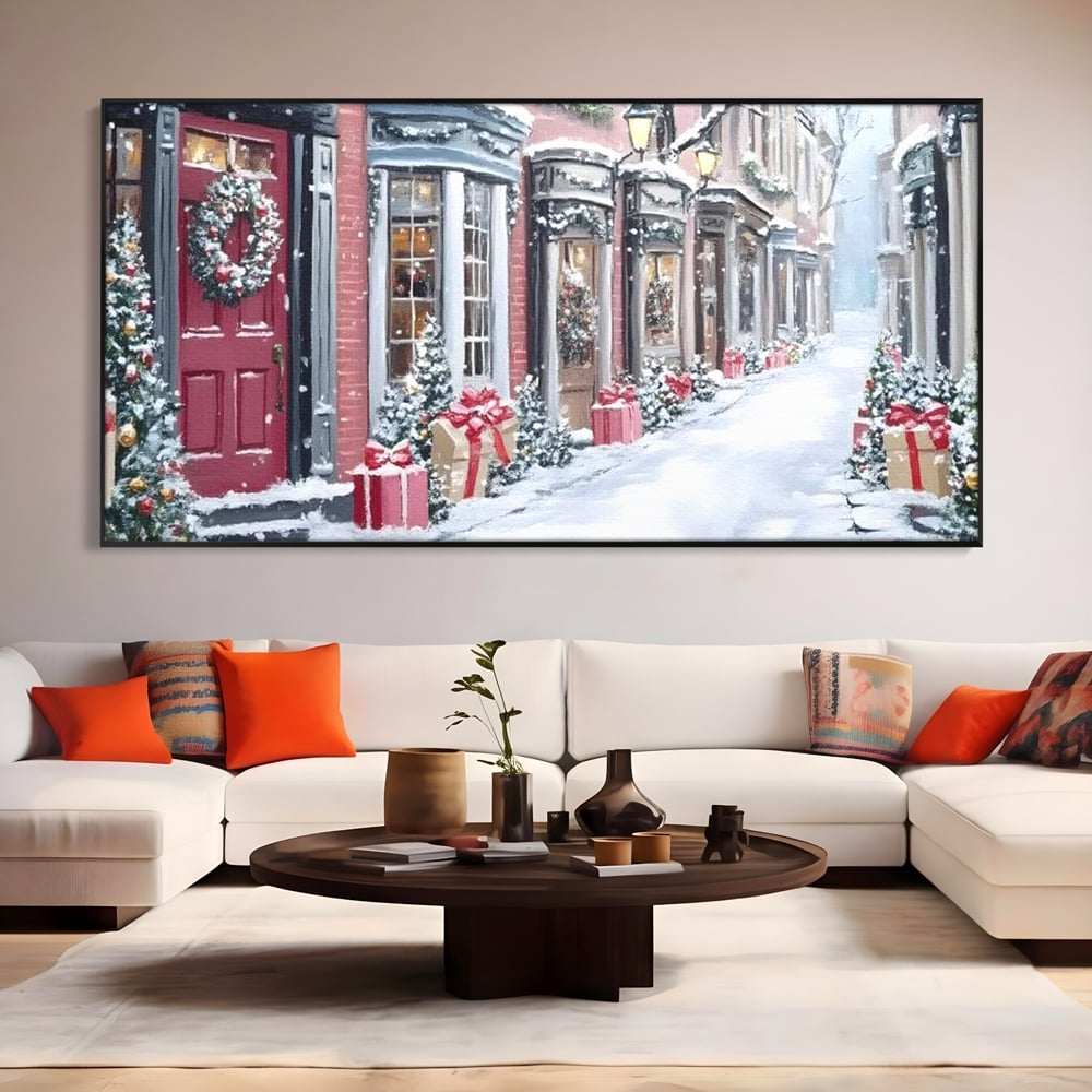 Tablou Canvas Premium, LuxCanva® D1083, Craciun Urban, Strada, Daruri, Zapada, Case, Iarna, Lumini, Impodobite, Poveste, Ajun, Plimbare, Feeric, Magie, Coronite, Vis, Oras, Camera Copil, Living, Dormitor