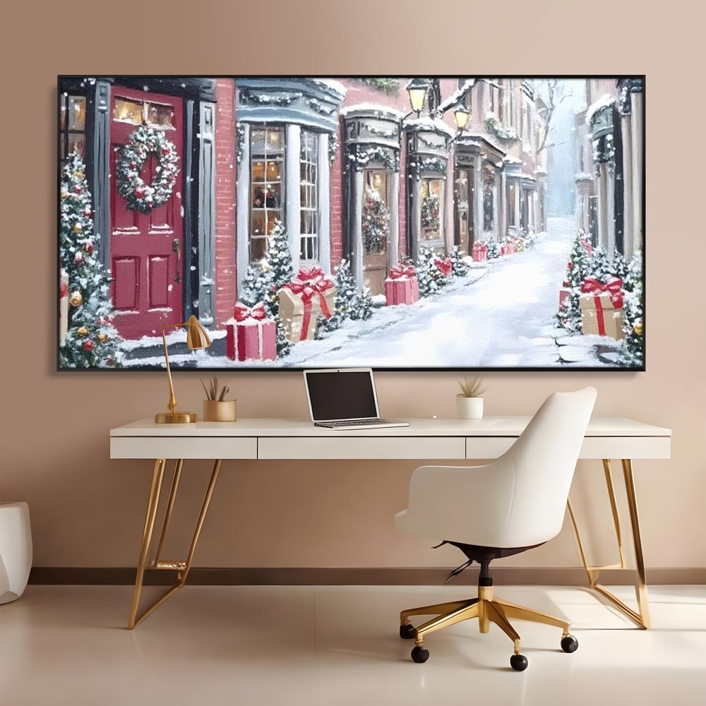 Tablou Canvas Premium, LuxCanva® D1083, Craciun Urban, Strada, Daruri, Zapada, Case, Iarna, Lumini, Impodobite, Poveste, Ajun, Plimbare, Feeric, Magie, Coronite, Vis, Oras, Camera Copil, Living, Dormitor