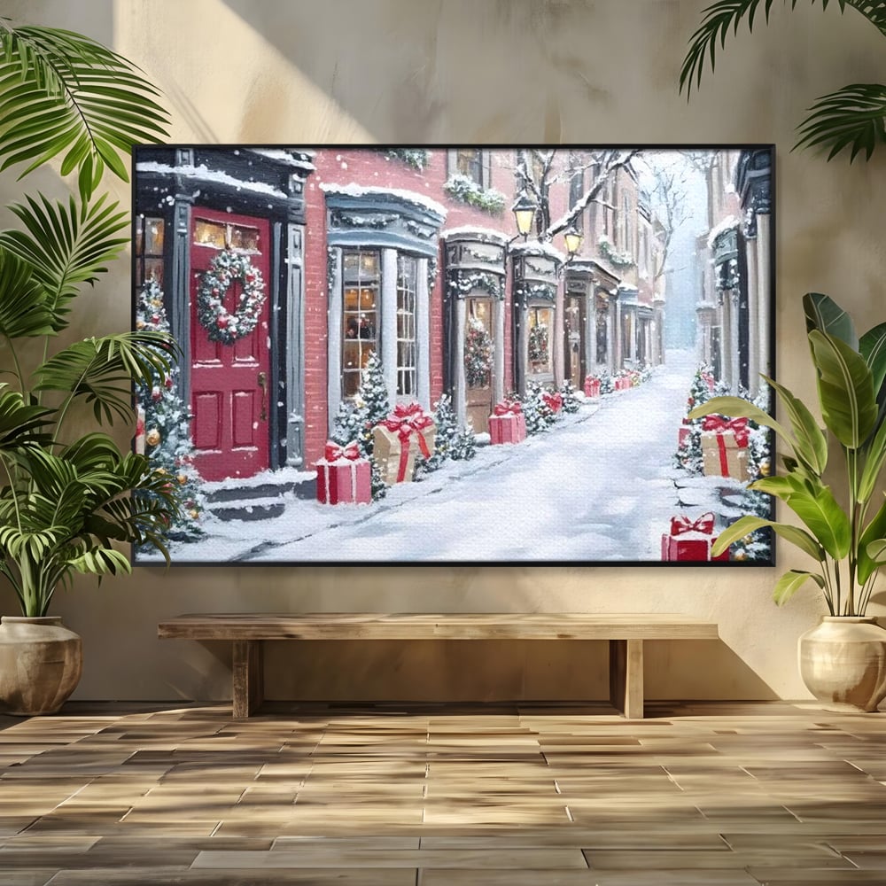 Tablou Canvas Premium, LuxCanva® D1083, Craciun Urban, Strada, Daruri, Zapada, Case, Iarna, Lumini, Impodobite, Poveste, Ajun, Plimbare, Feeric, Magie, Coronite, Vis, Oras, Camera Copil, Living, Dormitor