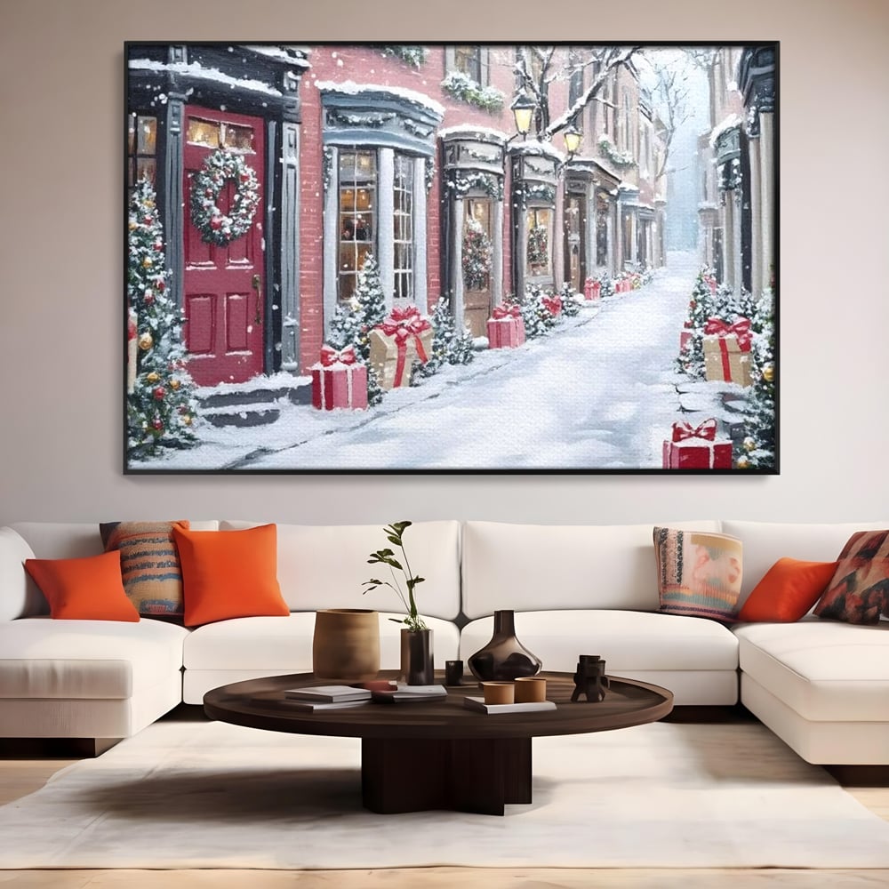 Tablou Canvas Premium, LuxCanva® D1083, Craciun Urban, Strada, Daruri, Zapada, Case, Iarna, Lumini, Impodobite, Poveste, Ajun, Plimbare, Feeric, Magie, Coronite, Vis, Oras, Camera Copil, Living, Dormitor