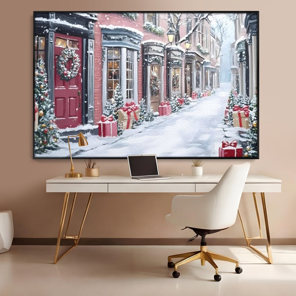 Tablou Canvas Premium, LuxCanva® D1083, Craciun Urban, Strada, Daruri, Zapada, Case, Iarna, Lumini, Impodobite, Poveste, Ajun, Plimbare, Feeric, Magie, Coronite, Vis, Oras, Camera Copil, Living, Dormitor