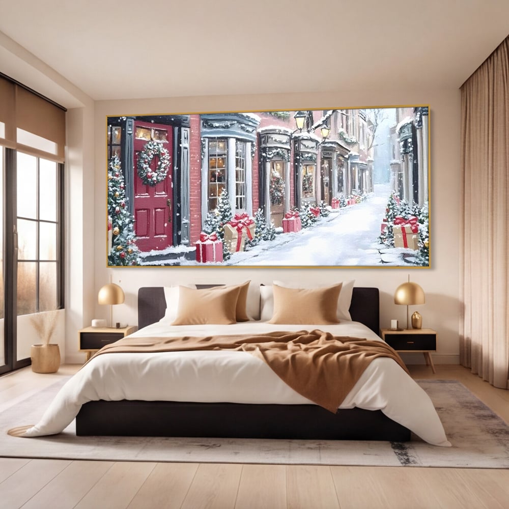 Tablou Canvas Premium, LuxCanva® D1083, Craciun Urban, Strada, Daruri, Zapada, Case, Iarna, Lumini, Impodobite, Poveste, Ajun, Plimbare, Feeric, Magie, Coronite, Vis, Oras, Camera Copil, Living, Dormitor
