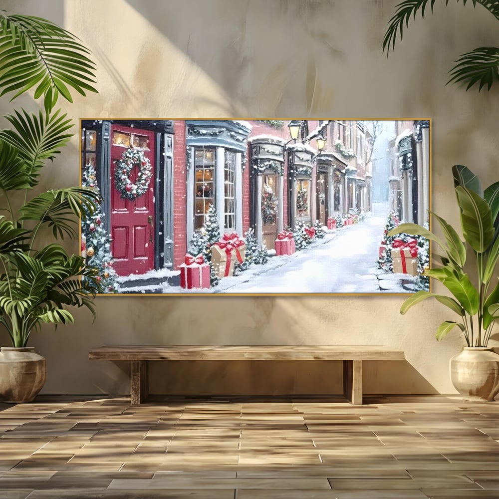Tablou Canvas Premium, LuxCanva® D1083, Craciun Urban, Strada, Daruri, Zapada, Case, Iarna, Lumini, Impodobite, Poveste, Ajun, Plimbare, Feeric, Magie, Coronite, Vis, Oras, Camera Copil, Living, Dormitor