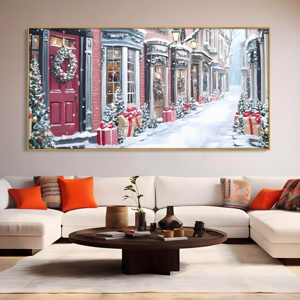 Tablou Canvas Premium, LuxCanva® D1083, Craciun Urban, Strada, Daruri, Zapada, Case, Iarna, Lumini, Impodobite, Poveste, Ajun, Plimbare, Feeric, Magie, Coronite, Vis, Oras, Camera Copil, Living, Dormitor