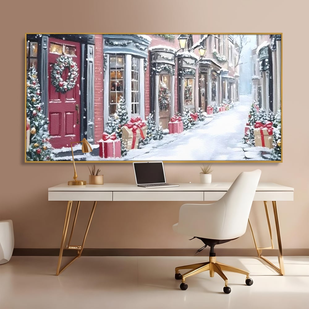 Tablou Canvas Premium, LuxCanva® D1083, Craciun Urban, Strada, Daruri, Zapada, Case, Iarna, Lumini, Impodobite, Poveste, Ajun, Plimbare, Feeric, Magie, Coronite, Vis, Oras, Camera Copil, Living, Dormitor